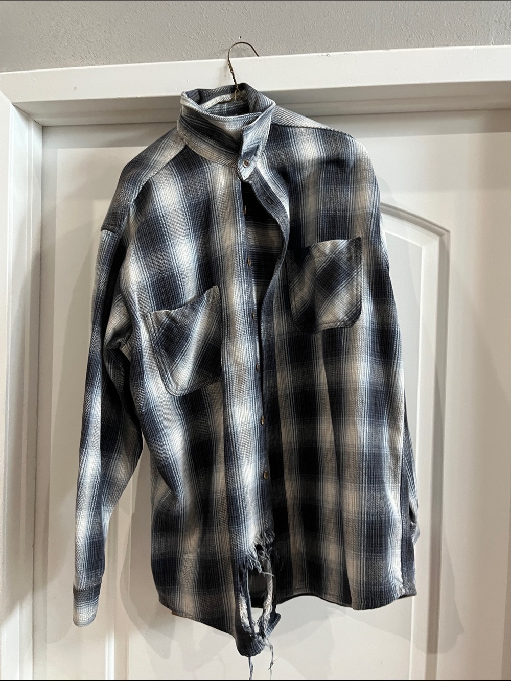 Vintage St. John's Bay Black and White Plaid Button-Down Shirt with ripped look